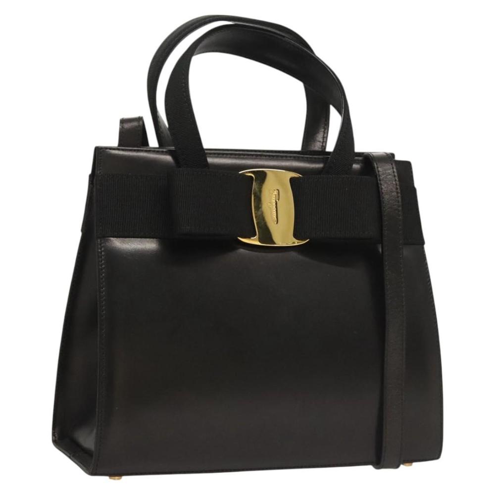 Salvatore Ferragamo Vala Hand Bag Leather 2way Black Gold Auth gh079 - Picture 1 of 16